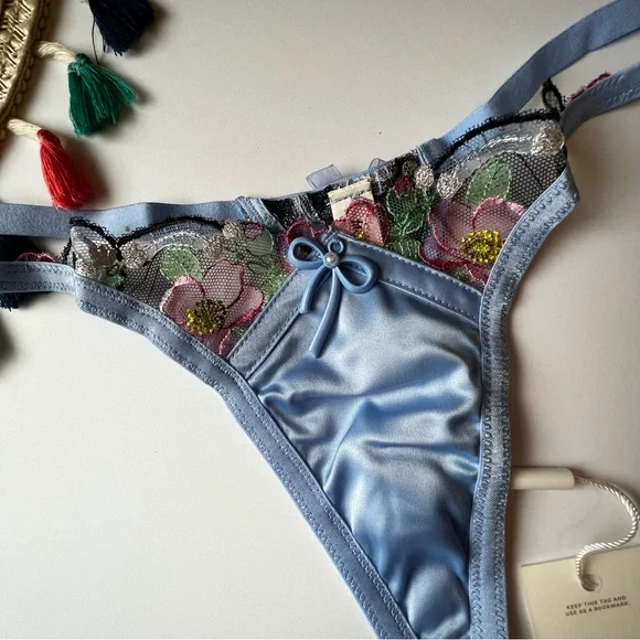 For Love And Lemons Louise Thong Panty Blue Medium NEW